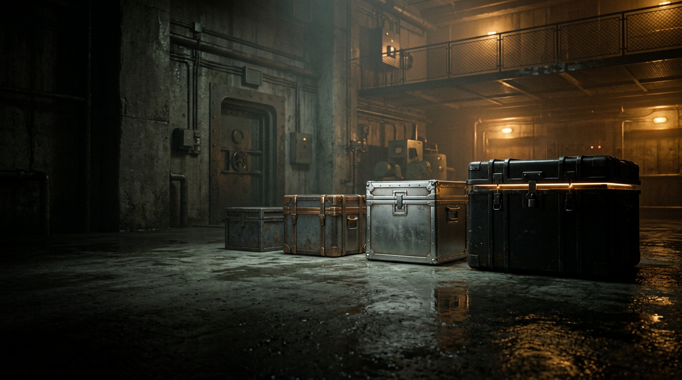 Four sealed crates of rising size in a dark vault